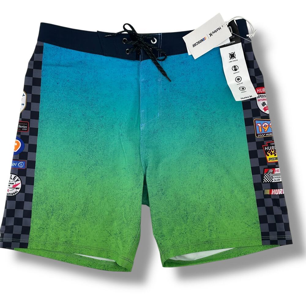 Hurley Eco Phantom NASCAR Racetrack Boardshorts Swim Trunks Sz 32 18" Outseam